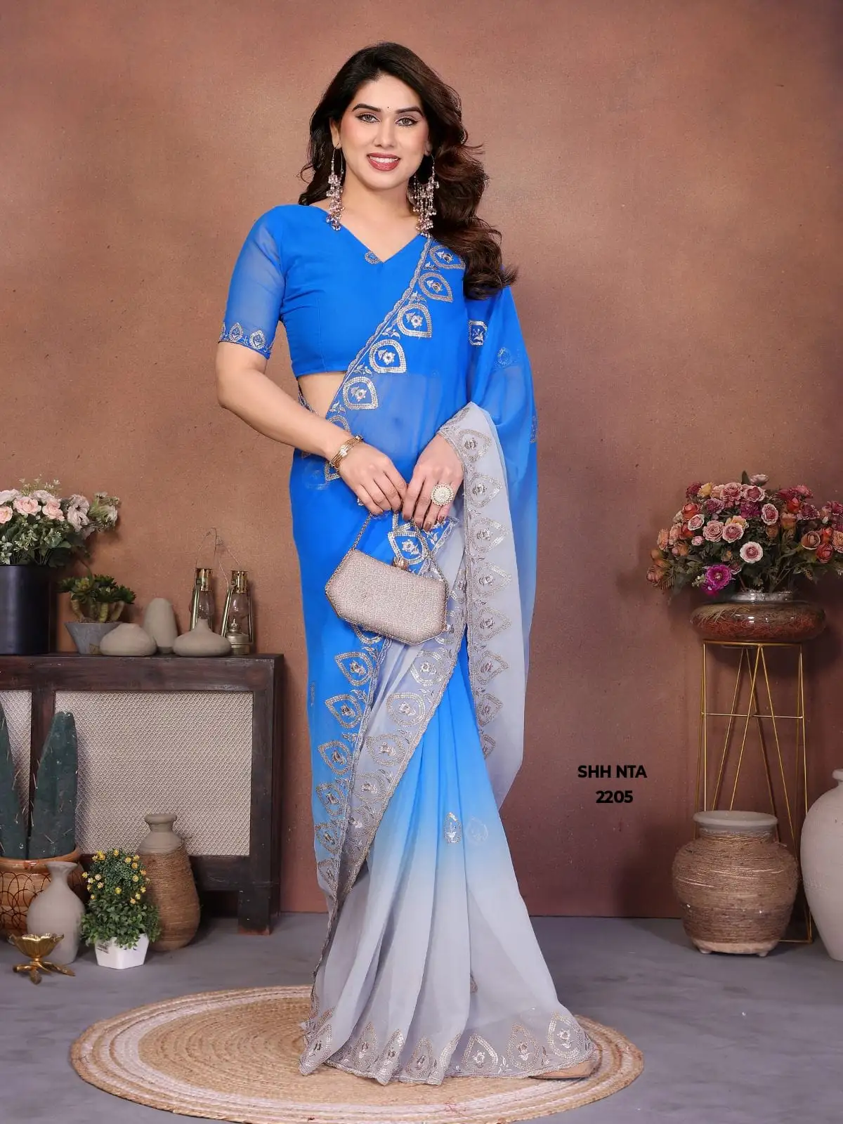 Ferozi Royal Blue and Grey Dual-Tone Ombre Georgette Saree with Elegant Silver Zari Embroidered